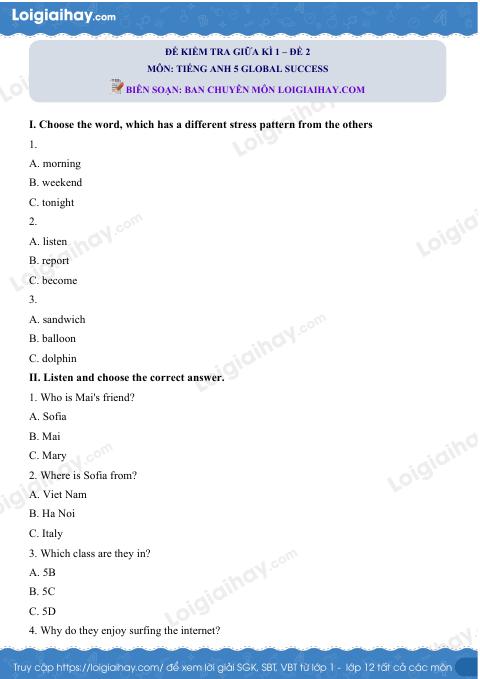 Đề thi giữa kì 1 Tiếng Anh 5 Global Success - Đề số 2